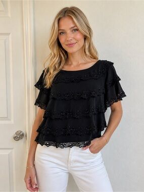 Simply Silk Beaded tiered ruffle blouse S